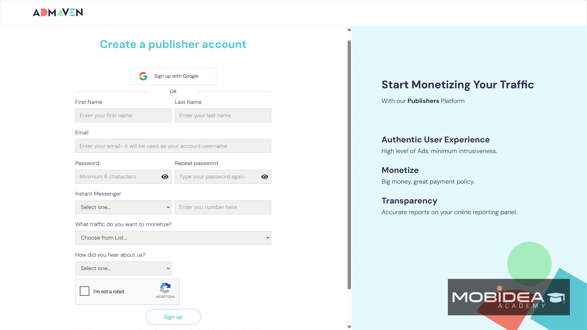 admaven sign up publisher