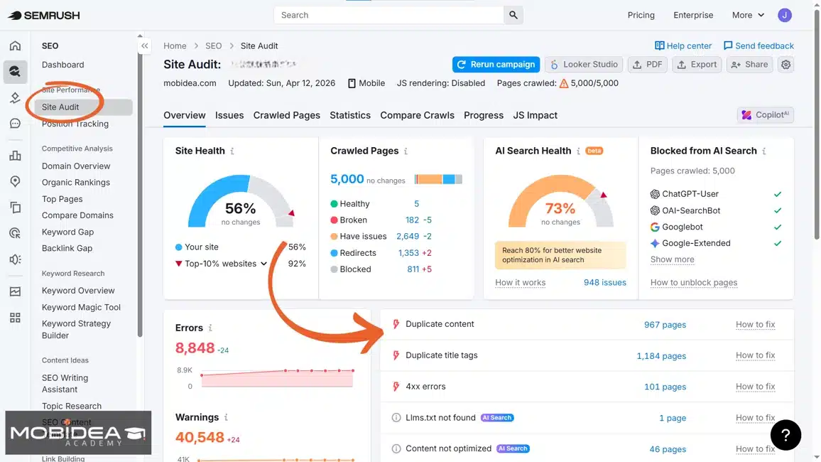 semrush one site audit